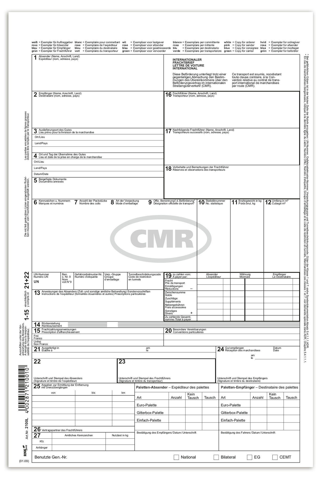 Bild: © Roth GmbH Niederlassung RNK Verlag Internationaler Frachtbrief 4 Blatt pro Set (St.)